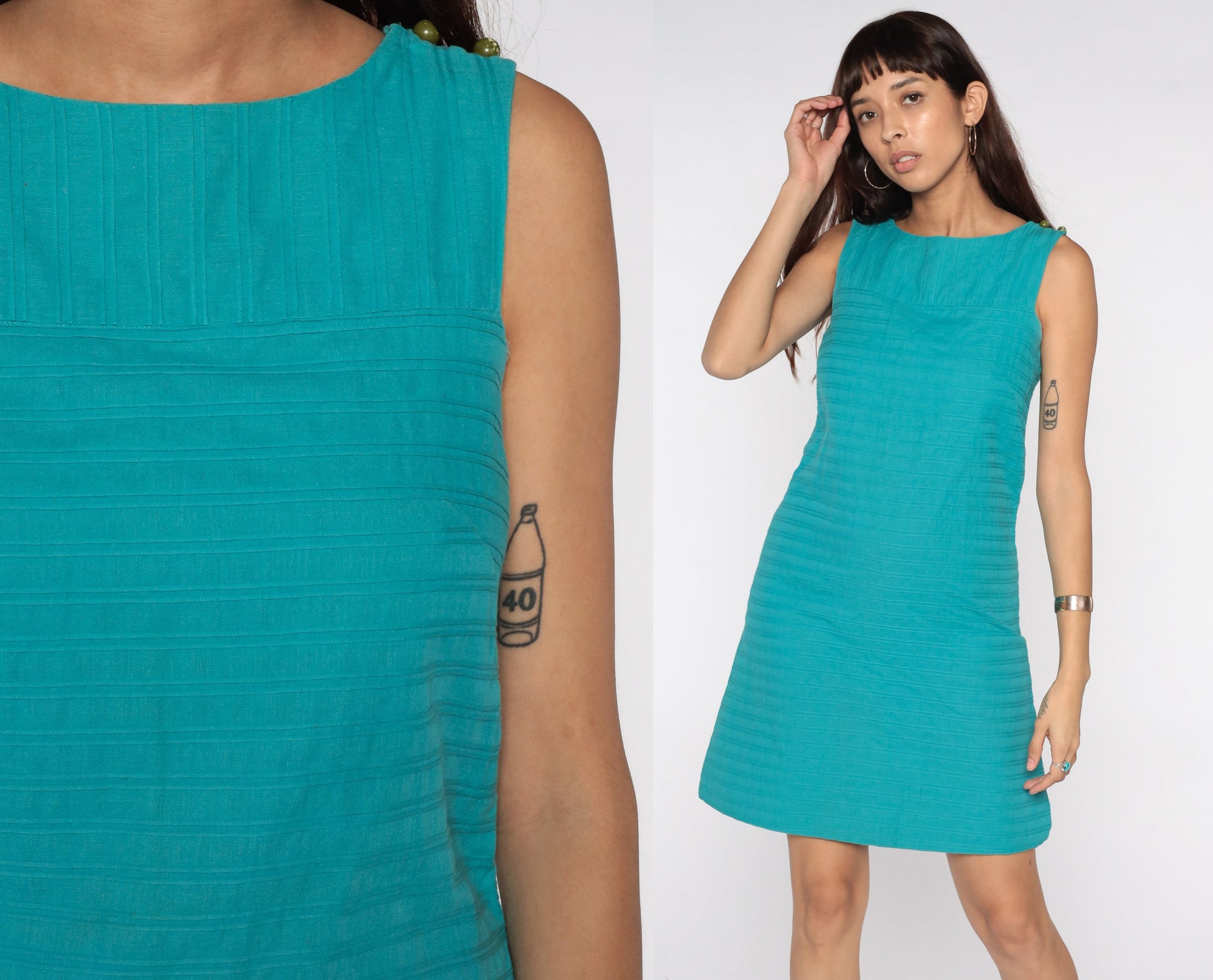 60s Blue Shift Dress Mini Sleeveless Mod Cotton Small