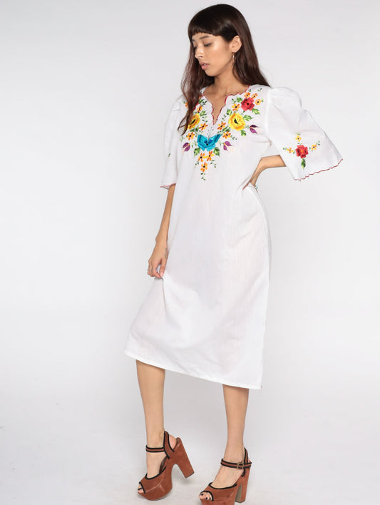 1980s Mexican Embroidered Floral Midi Dress White Cotton Puff Sleeve Medium