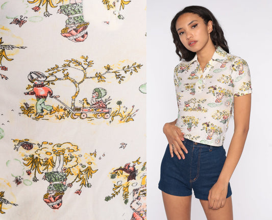 70s Children's Novelty Print Button-Up Shirt Short Sleeve Blouse XXS