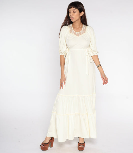 1970s Cream Lace Maxi Dress Puff Sleeve High Waist Tiered Small