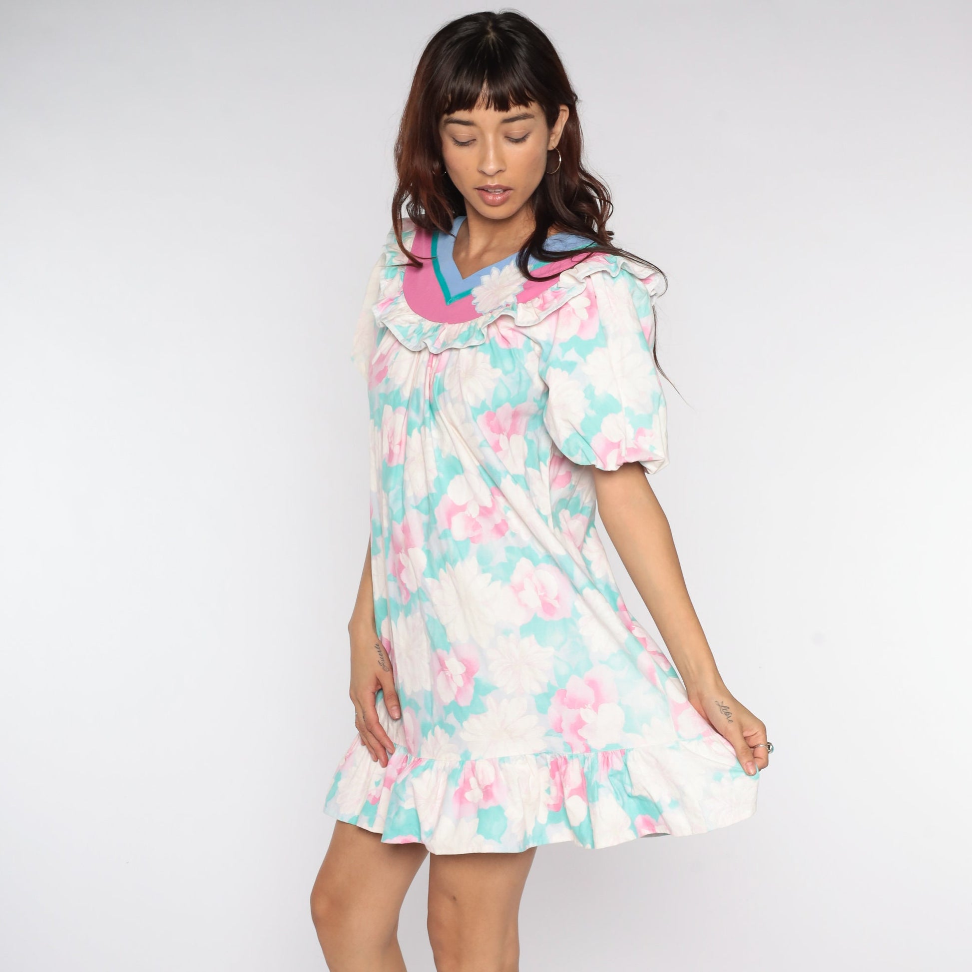 80s Floral Mini Dress Puff Sleeve Tent Cut White Pink Green Medium