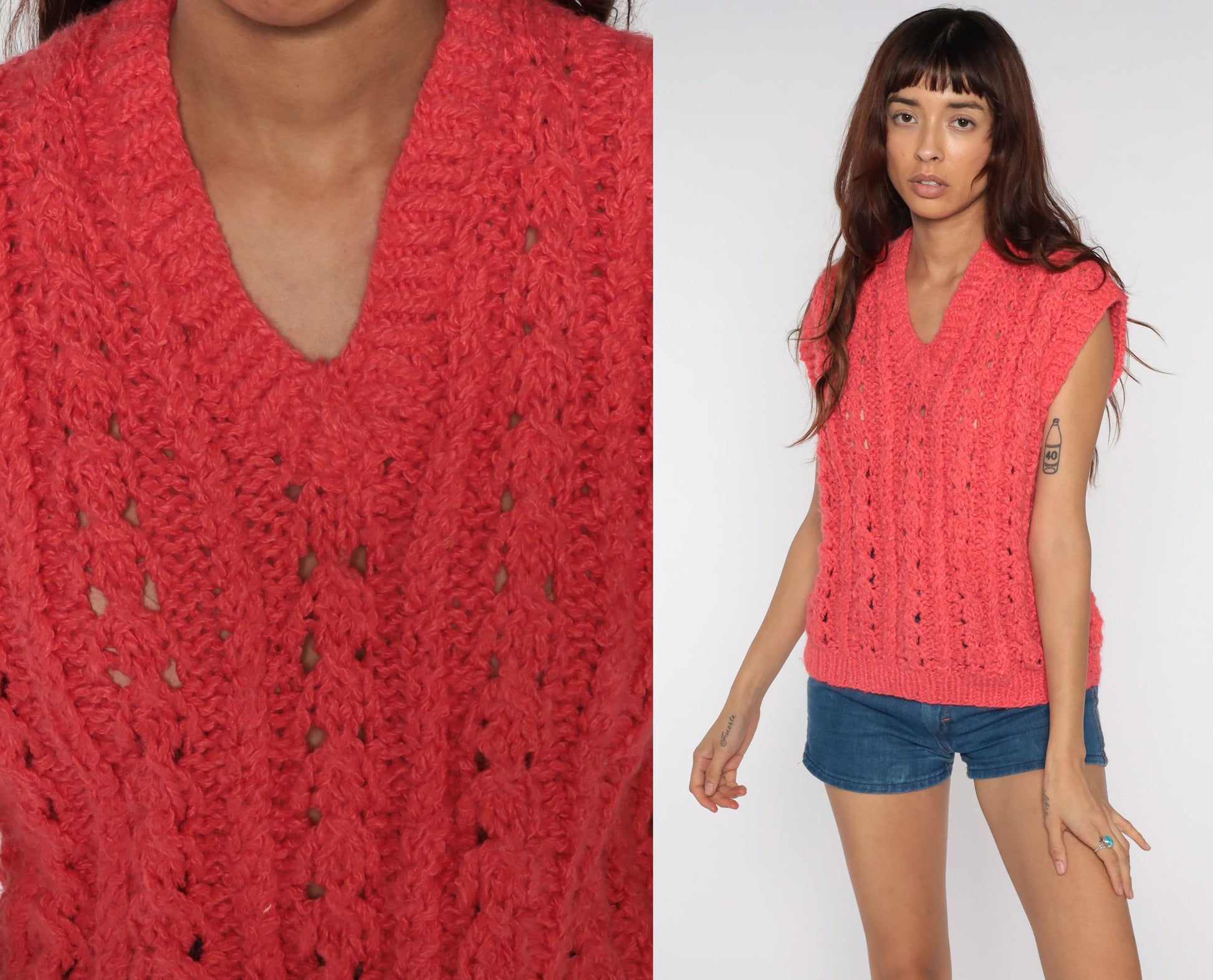 80s Pink Sheer Knit Vest Cap Sleeve V-Neck Sweater Top Large L