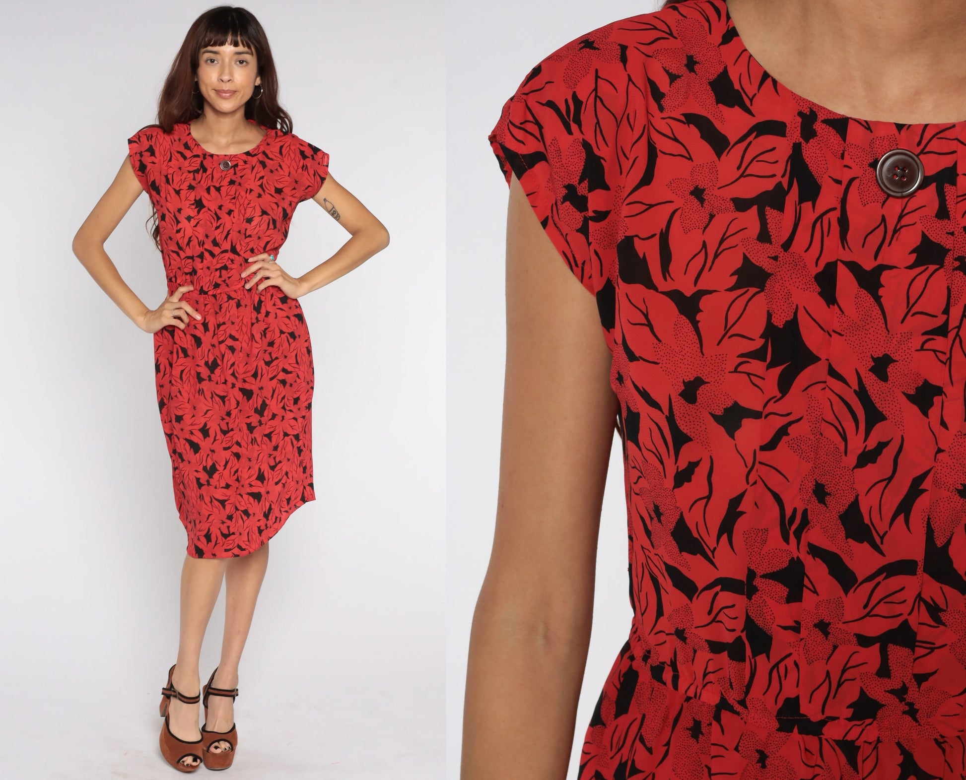 80s Floral Midi Dress Red Black Cap Sleeve High Waist Medium