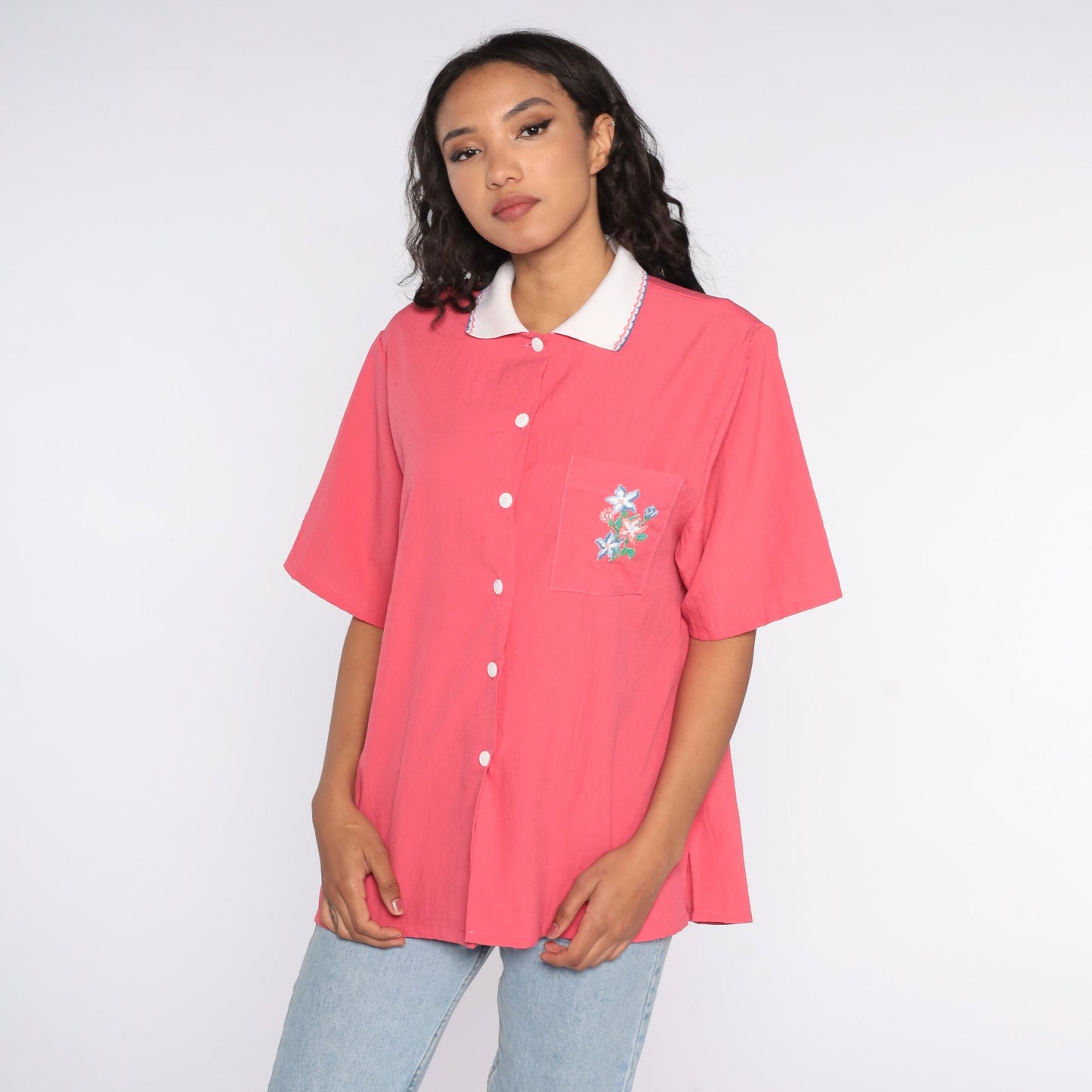 90s Bonworth Floral Button Up Blouse Pink Pocket Shirt Extra Large