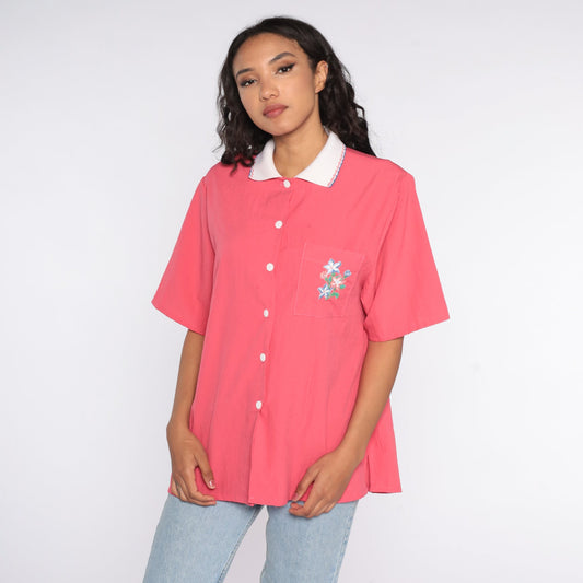 90s Bonworth Floral Button Up Blouse Pink Pocket Shirt Extra Large
