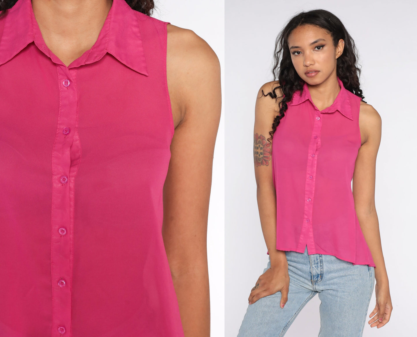 90s Sheer Pink Button-Up Tank Top Sleeveless Blouse Extra Small