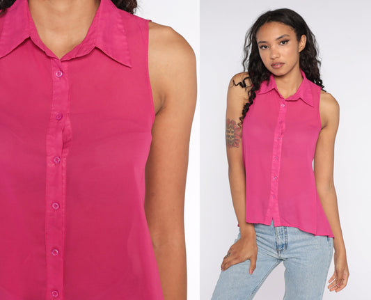 90s Sheer Pink Button-Up Tank Top Sleeveless Blouse Extra Small