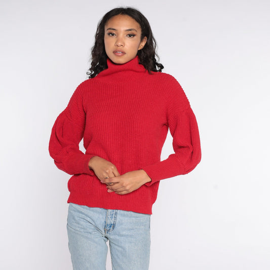 80s Red Mock Neck Balloon Sleeve Knit Sweater Medium