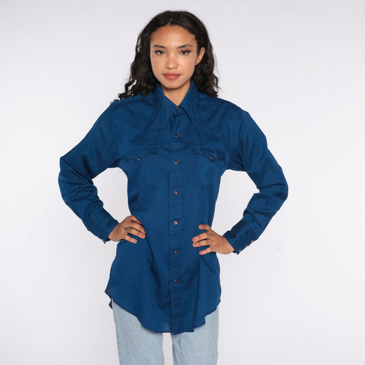 70s Navy Western Button-Up Shirt Long Sleeve Cotton Blend Medium Large