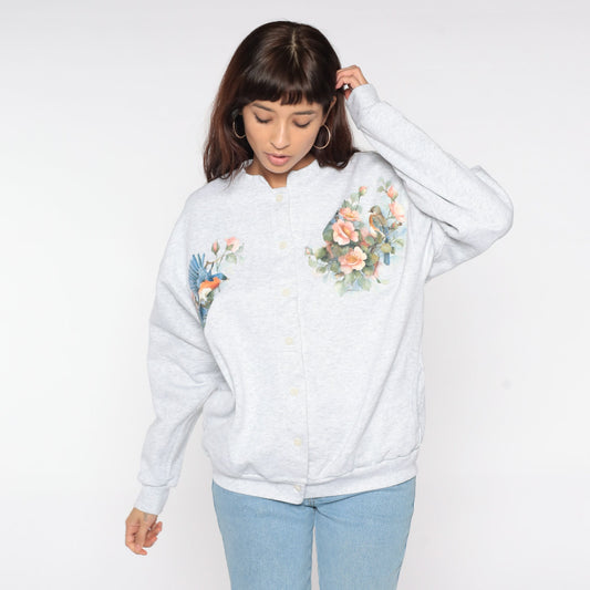 90s Floral Bird Cardigan Sweatshirt Light Grey Button-Up Large