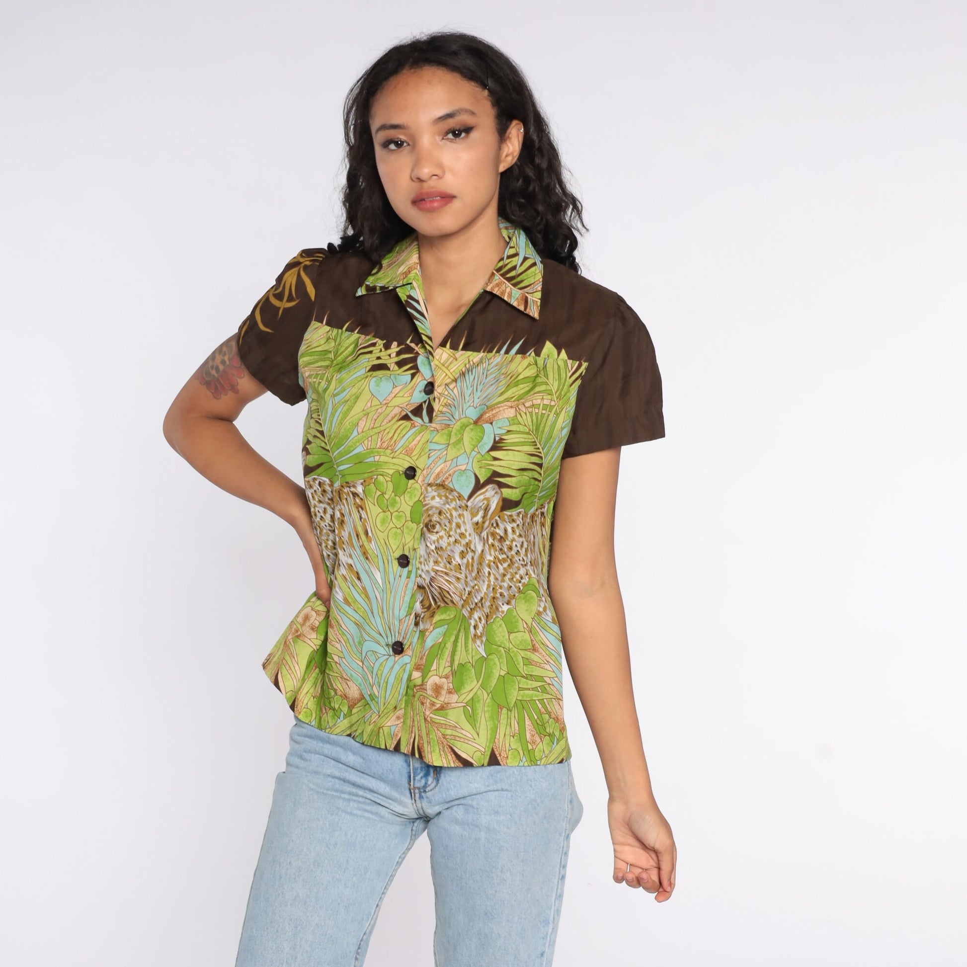 70s Leopard Print Button Up Shirt Puff Sleeve Tropical Blouse Brown Small