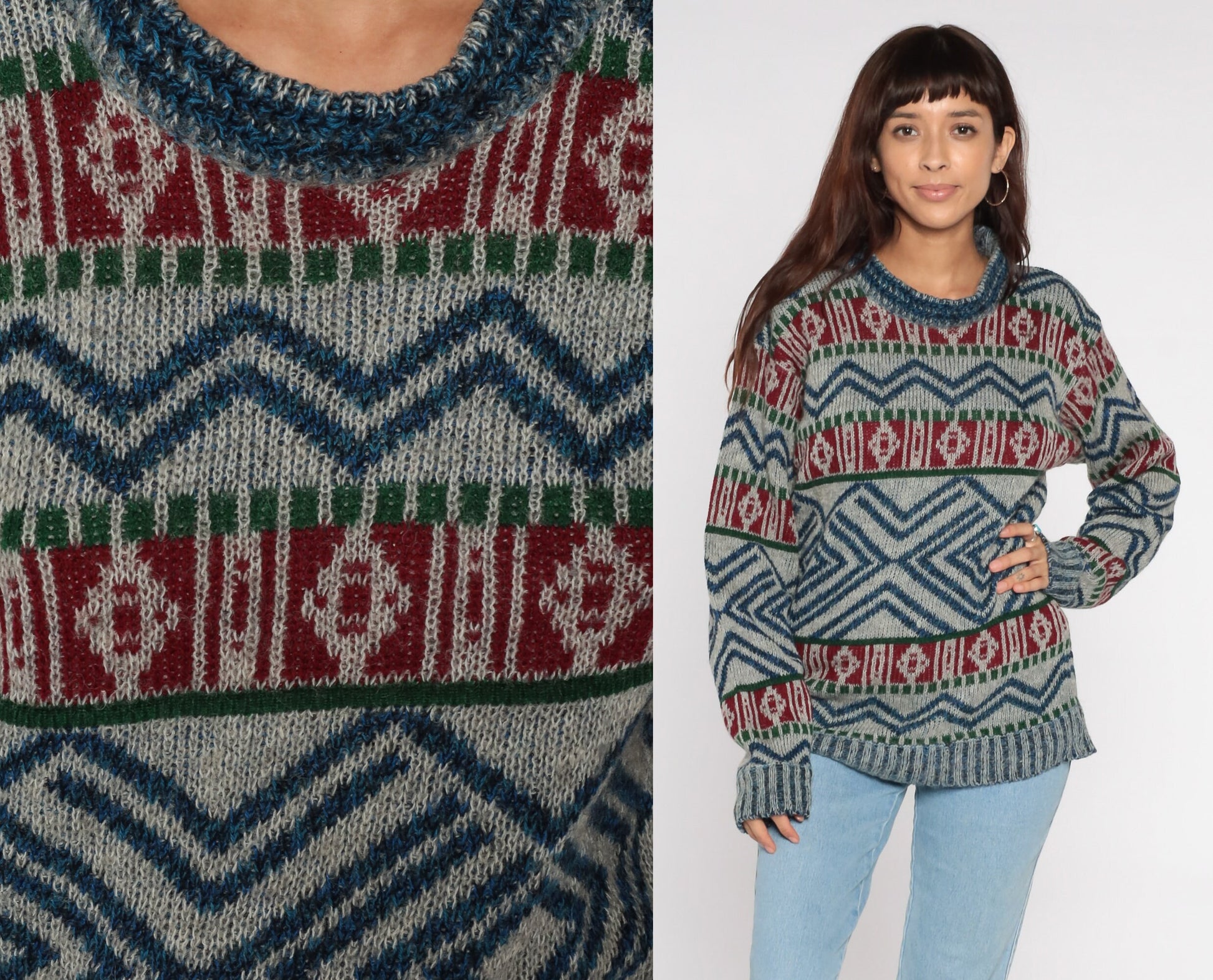 80s Geometric Wool Knit Sweater Grey Blue Red Striped Abstract Small Medium