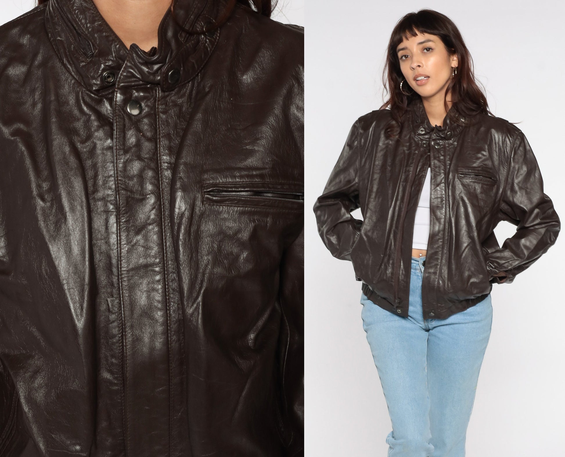 80s Brown Leather Moto Jacket Zip Collared Motorcycle Coat Large