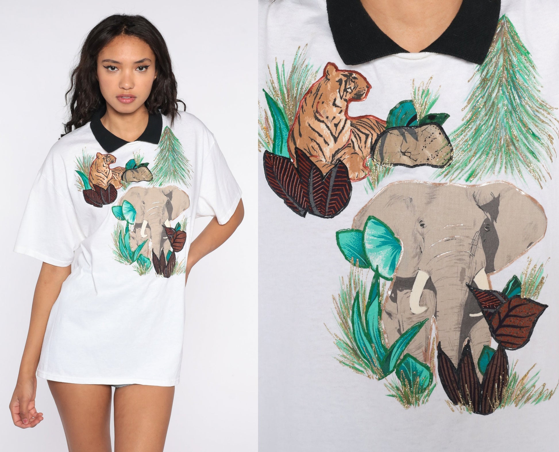 80s Tropical Animal Graphic Tee Tiger Elephant Safari White Cotton Large L