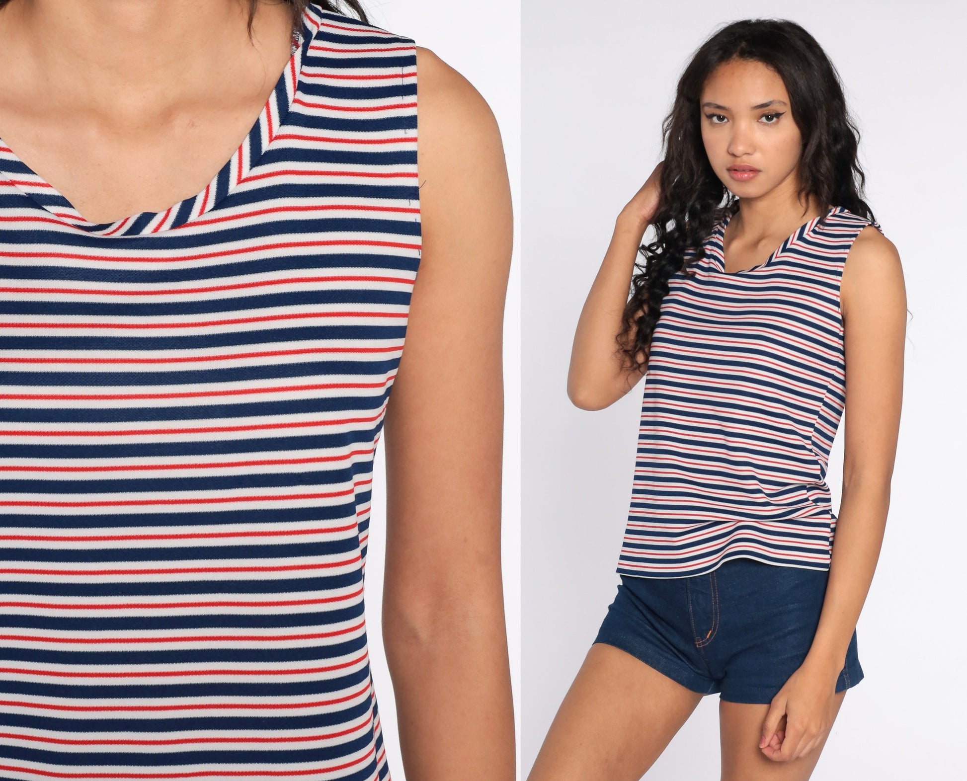 70s Striped Tank Top Red White Blue Sleeveless Shirt Medium