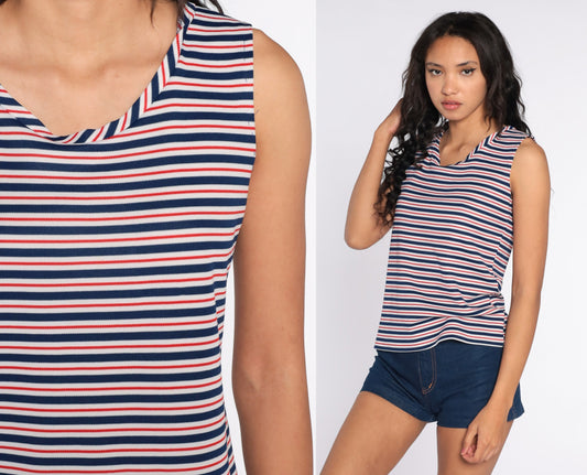 70s Striped Tank Top Red White Blue Sleeveless Shirt Medium