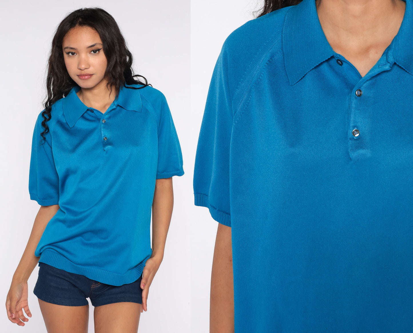 70s Blue Polyester Knit Polo Shirt Pointed Collar Short Sleeve Extra Large