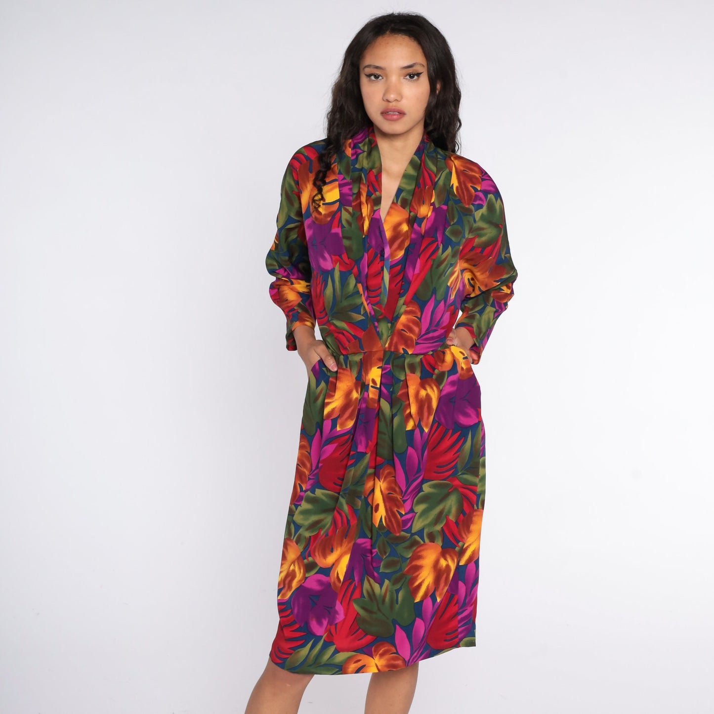 90s Tropical Floral Midi Dress Dolman Sleeve Purple High Waist Large 14