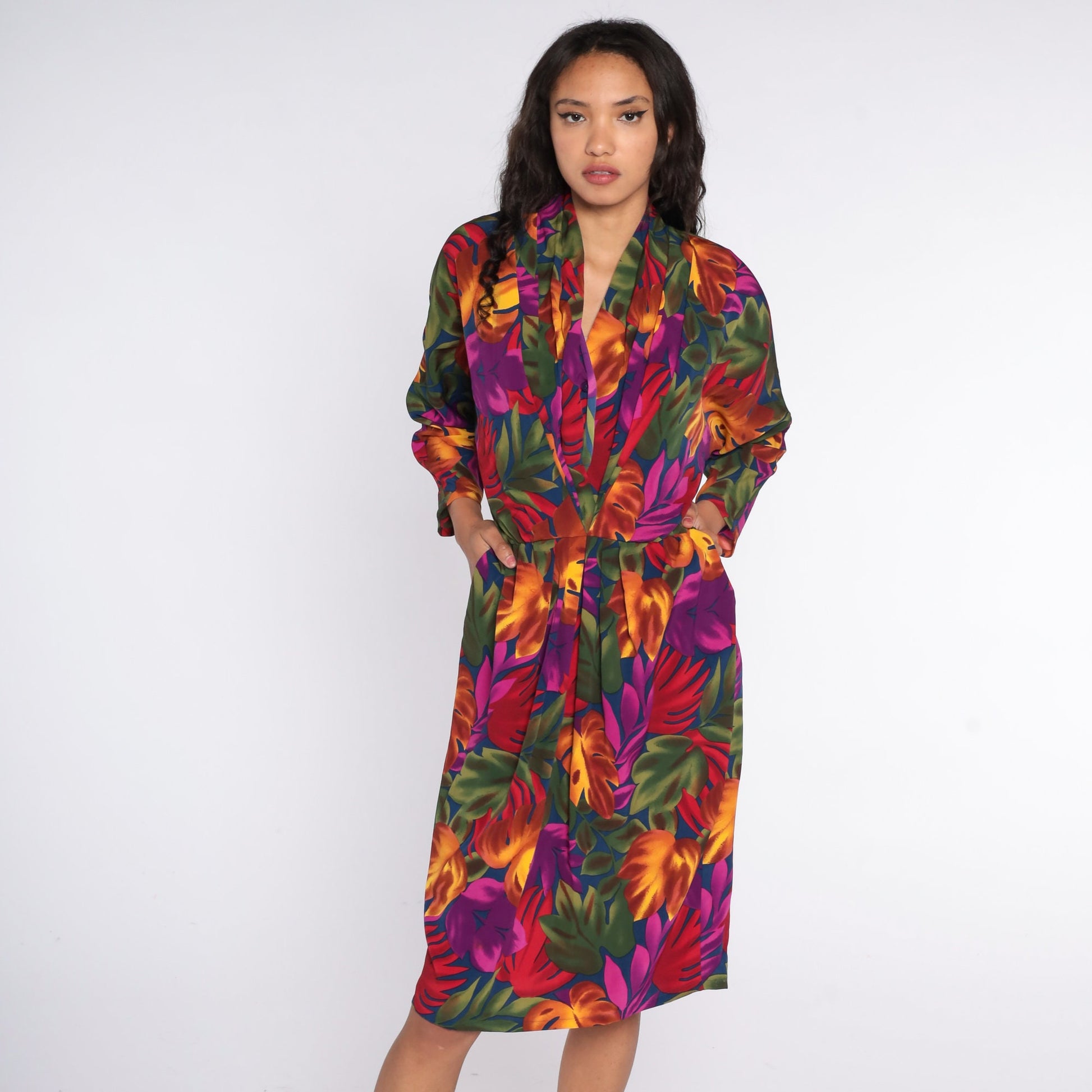 90s Tropical Floral Midi Dress Dolman Sleeve Purple High Waist Large 14