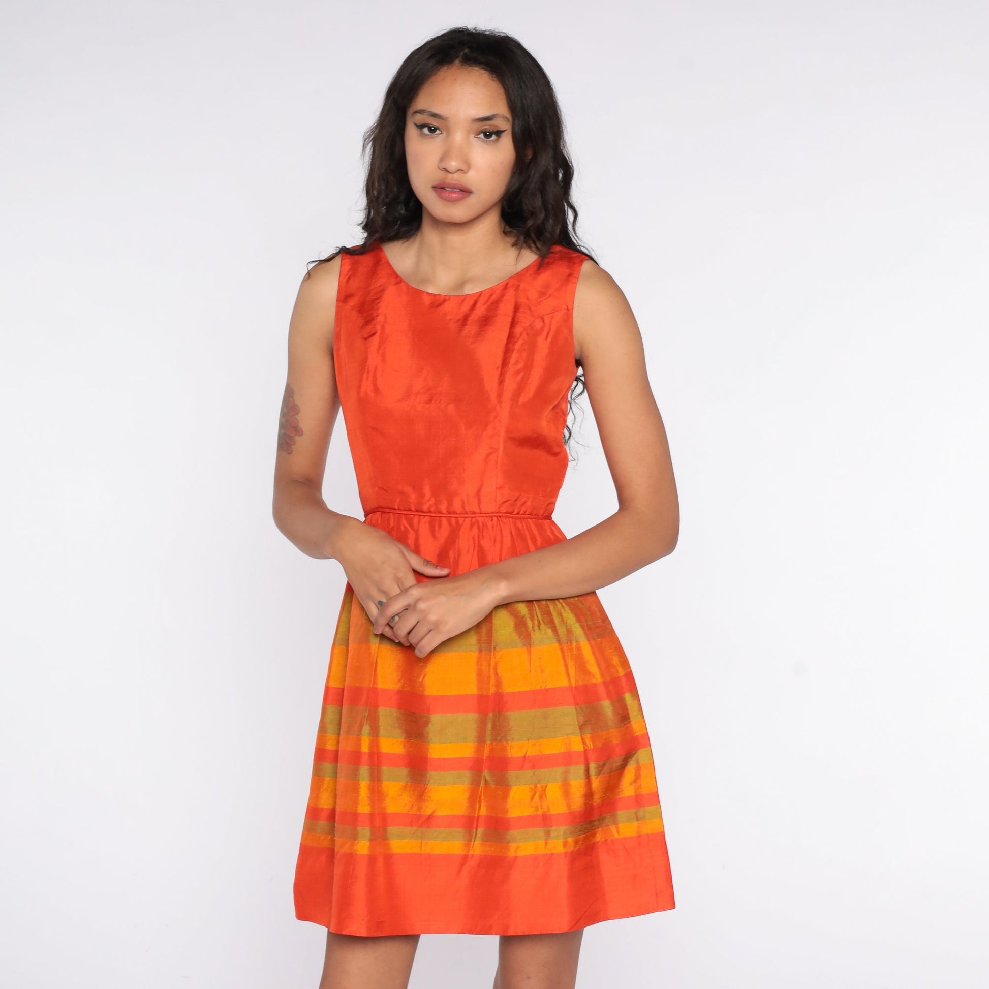 60s Orange Striped Mini Dress High Waist Sleeveless Cocktail Small