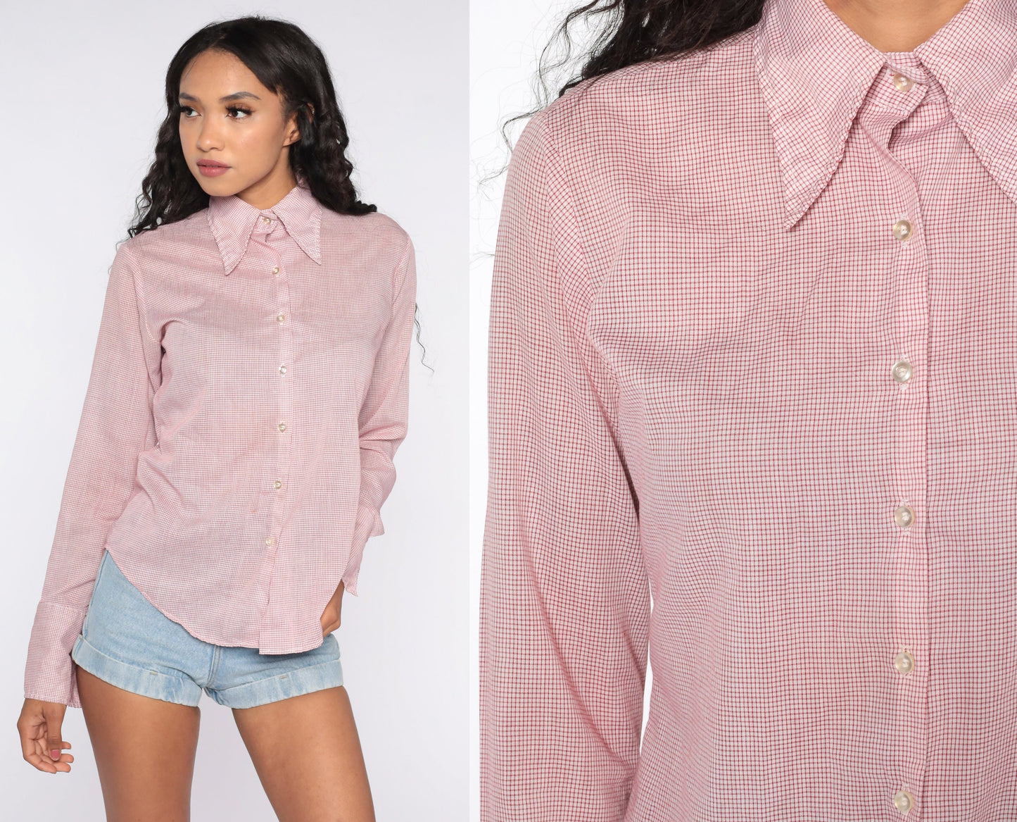 70s Checkered Cotton Shirt Dagger Collar Long Sleeve Blouse Small