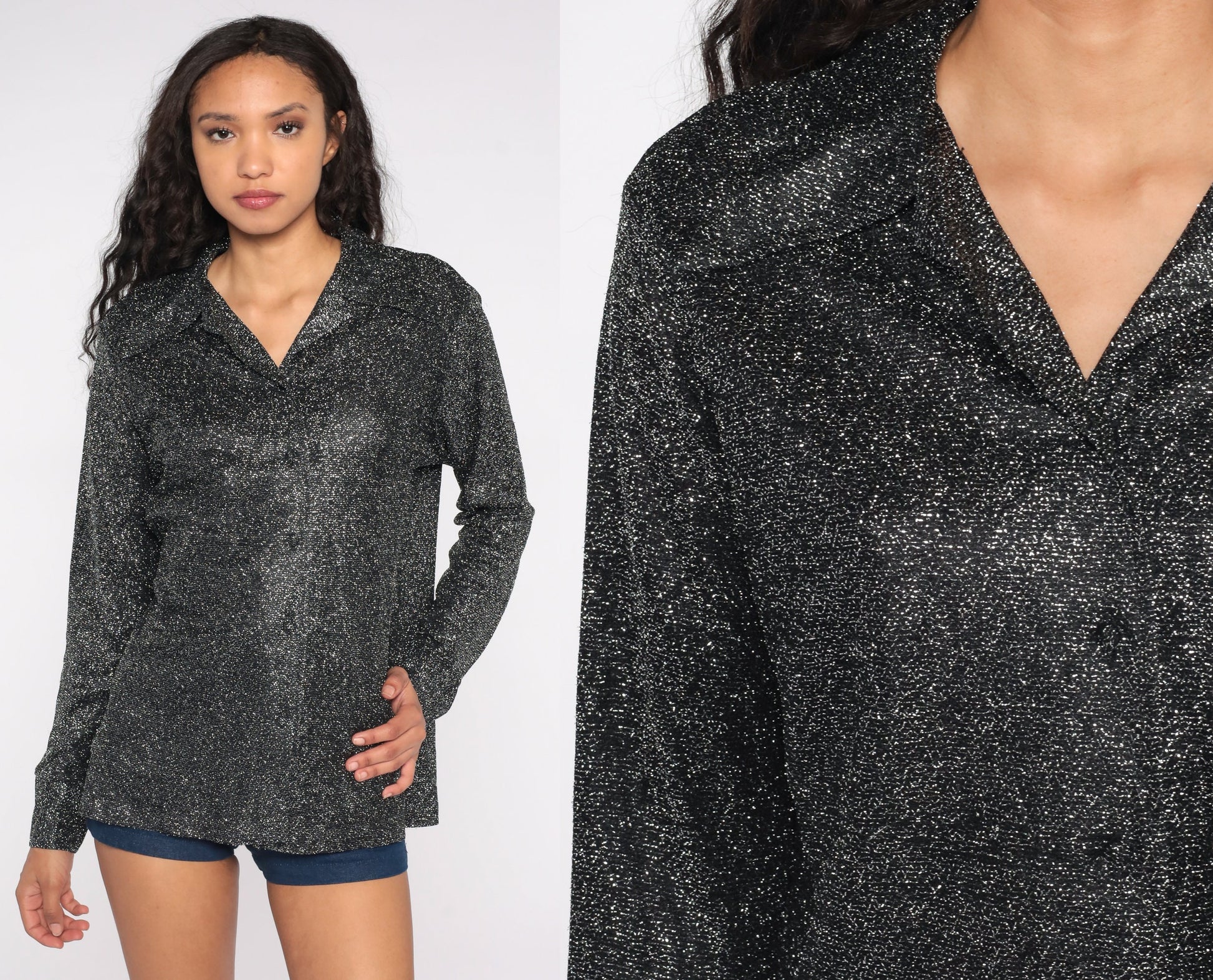 70s Silver Metallic Button-Up Blouse Long Sleeve Disco Shirt Large L