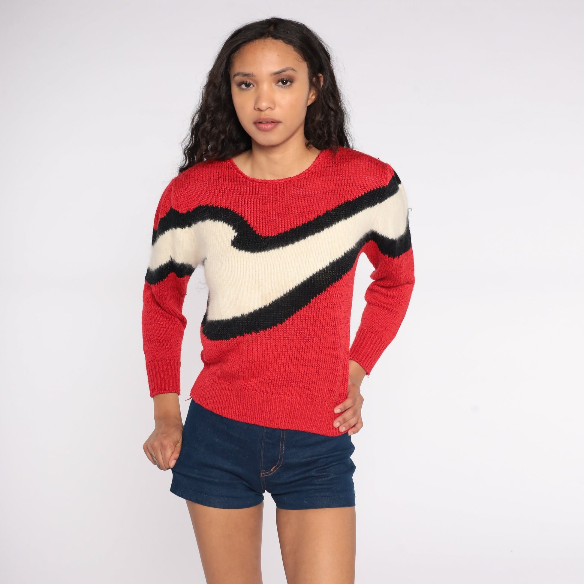 80s Puff Sleeve Sweater Red Cream Stripe Angora Wool Blend Knit Small