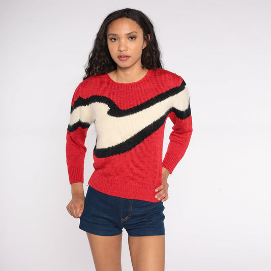 80s Puff Sleeve Sweater Red Cream Stripe Angora Wool Blend Knit Small