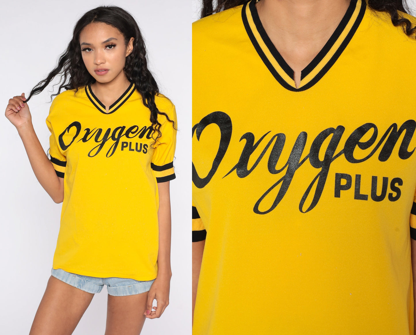 80s Oxygen Plus Ringer Tee Yellow V-Neck Graphic Shirt Medium