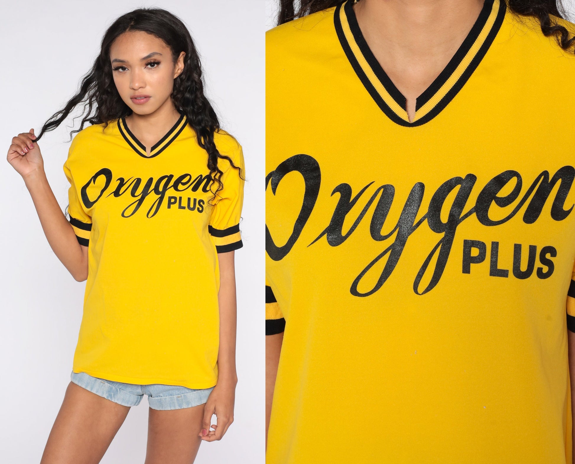 80s Oxygen Plus Ringer Tee Yellow V-Neck Graphic Shirt Medium