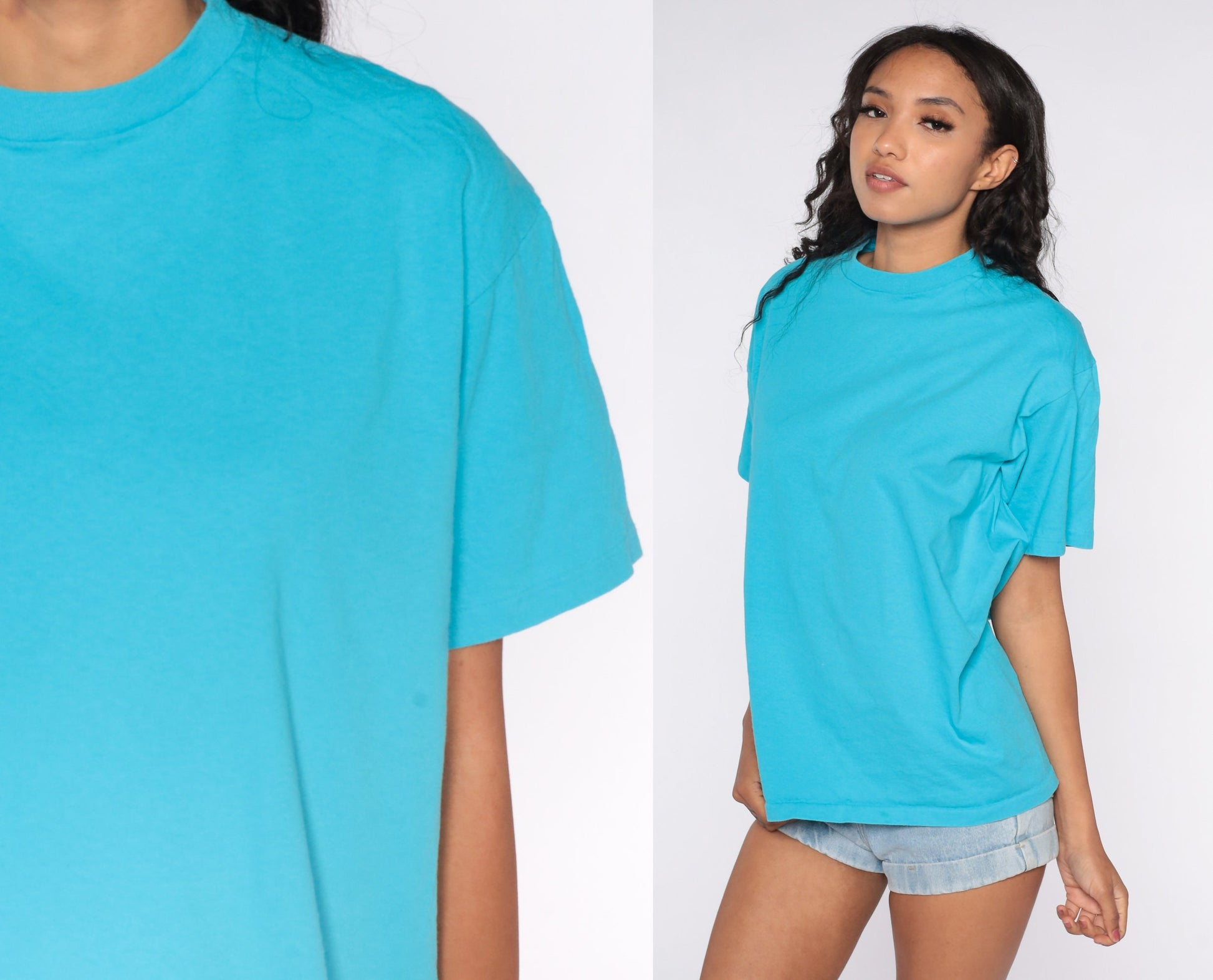 80s Blue Single Stitch Plain T-Shirt Cotton Crewneck Large L