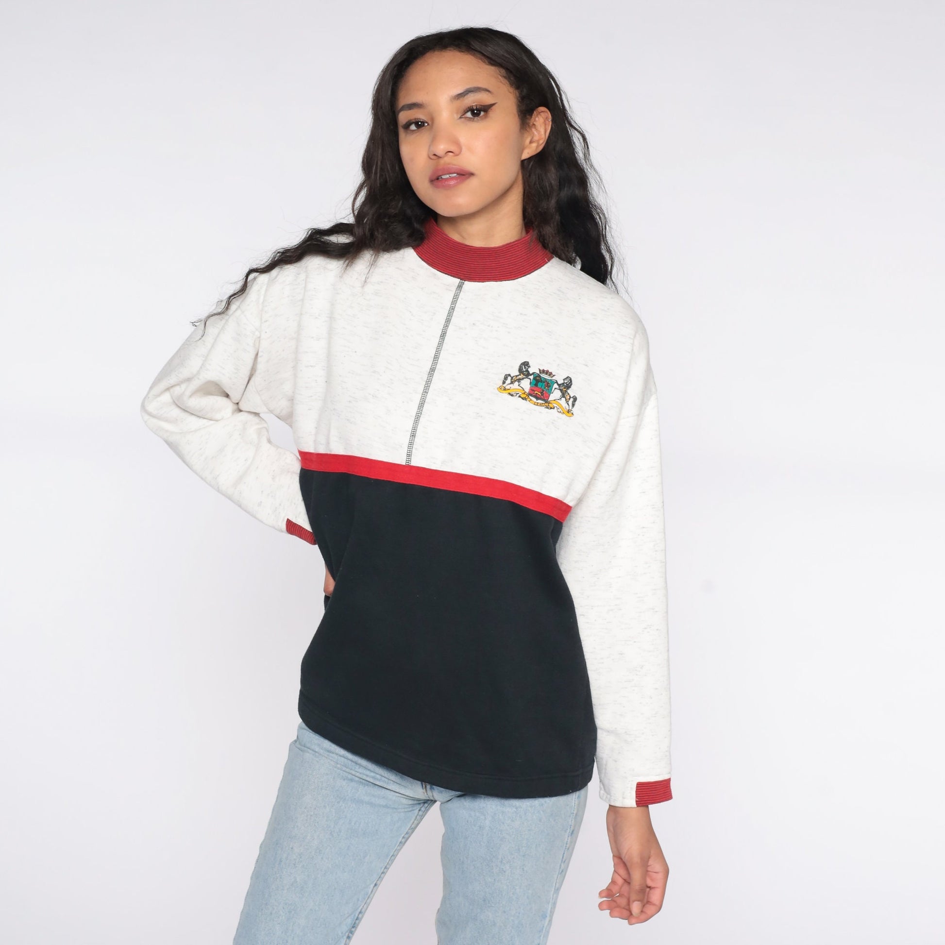 90s Horse Crest Colour Block Sweatshirt Grey Black Mock Neck Medium Large
