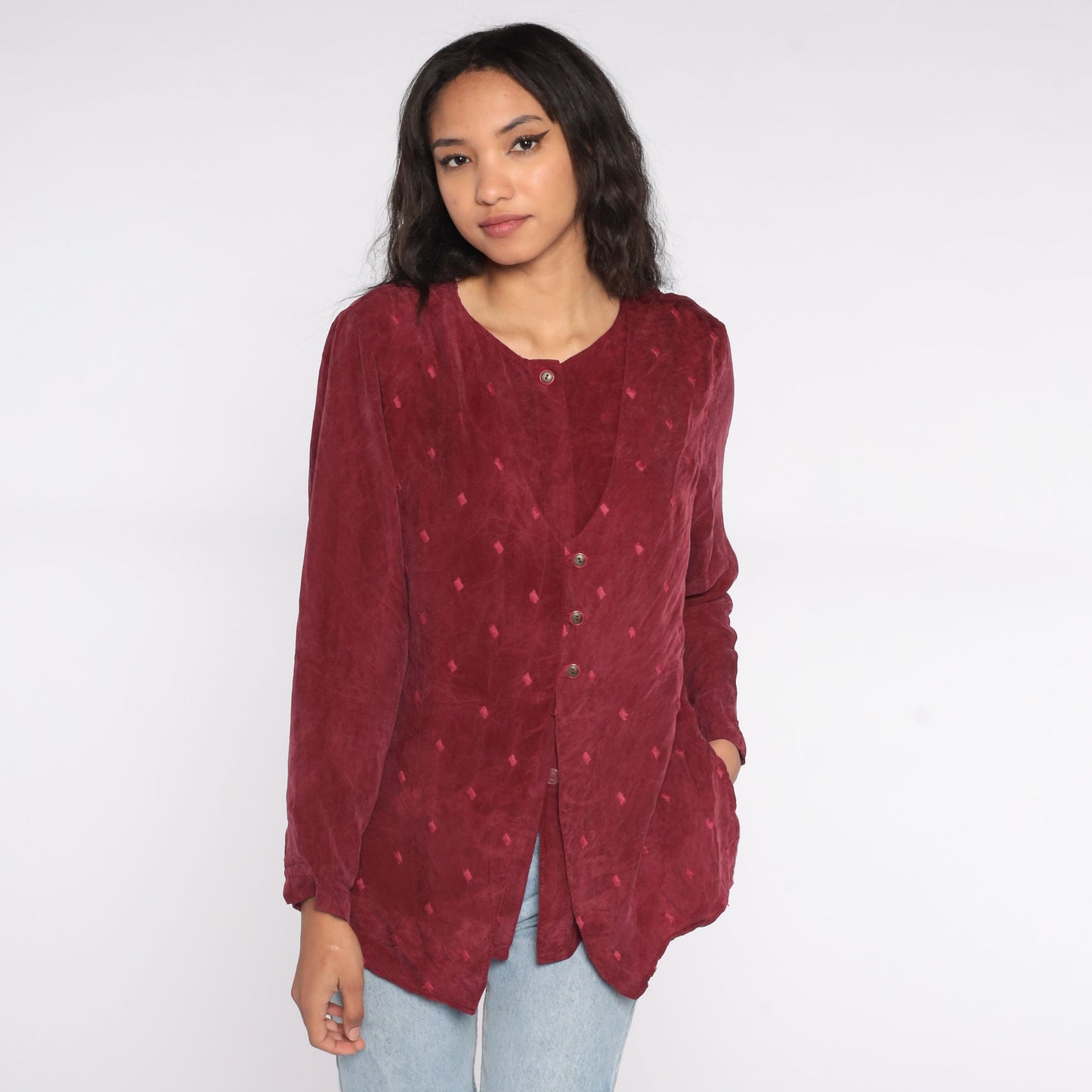 90s Burgundy Button Up Blouse with Attached Vest Rayon Medium