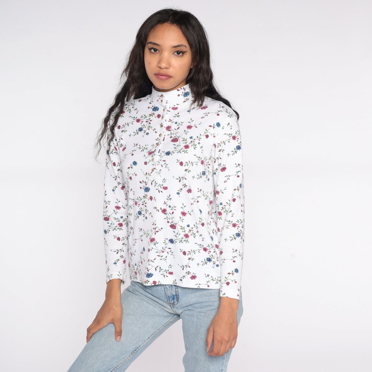 90s Floral Mock Neck Shirt White Long Sleeve Quarter Button Top Small