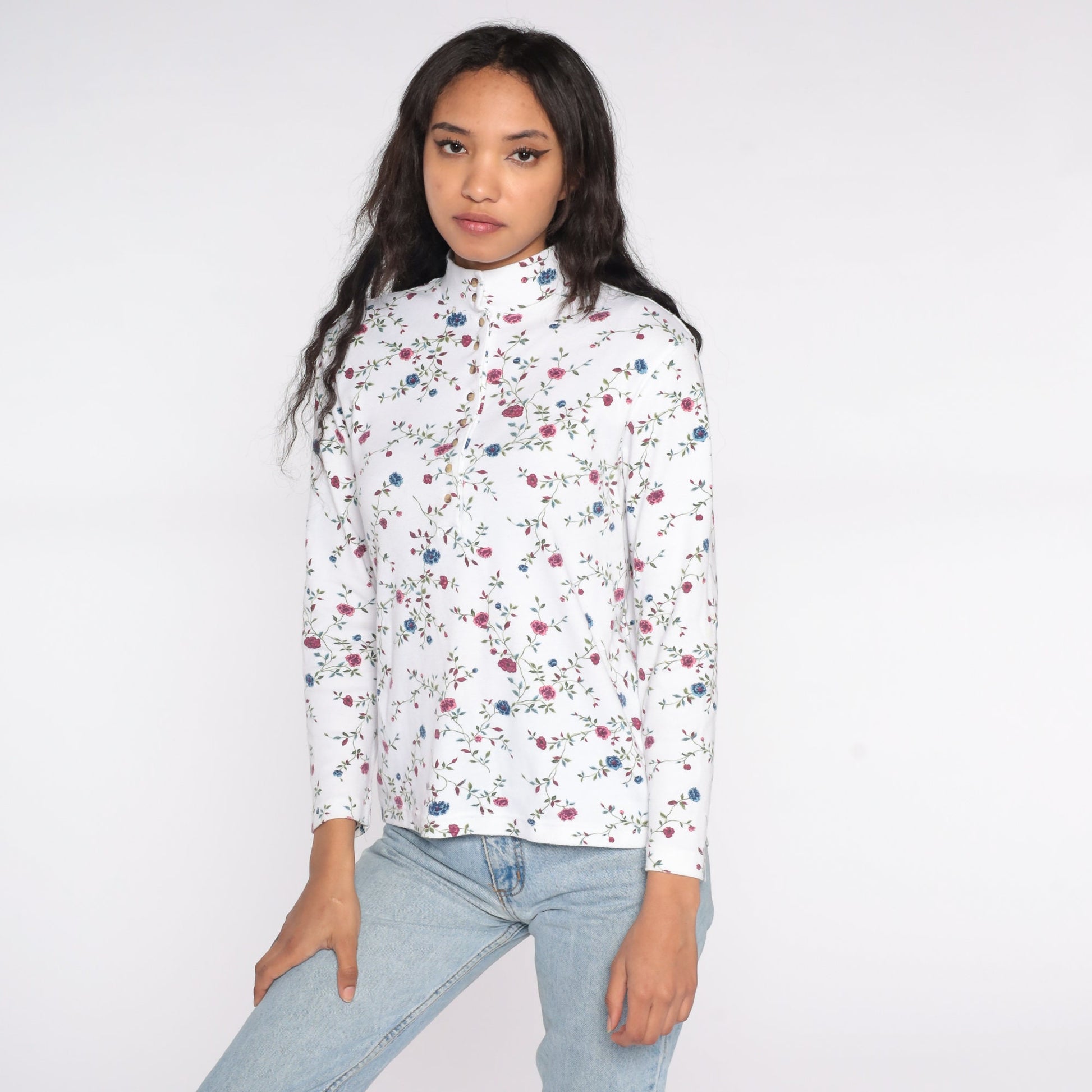 90s Floral Mock Neck Shirt White Long Sleeve Quarter Button Top Small
