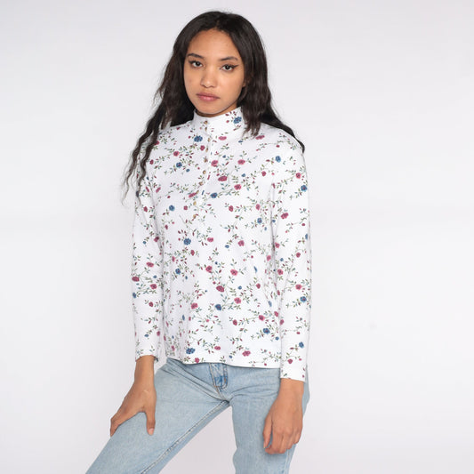 90s Floral Mock Neck Shirt White Long Sleeve Quarter Button Top Small
