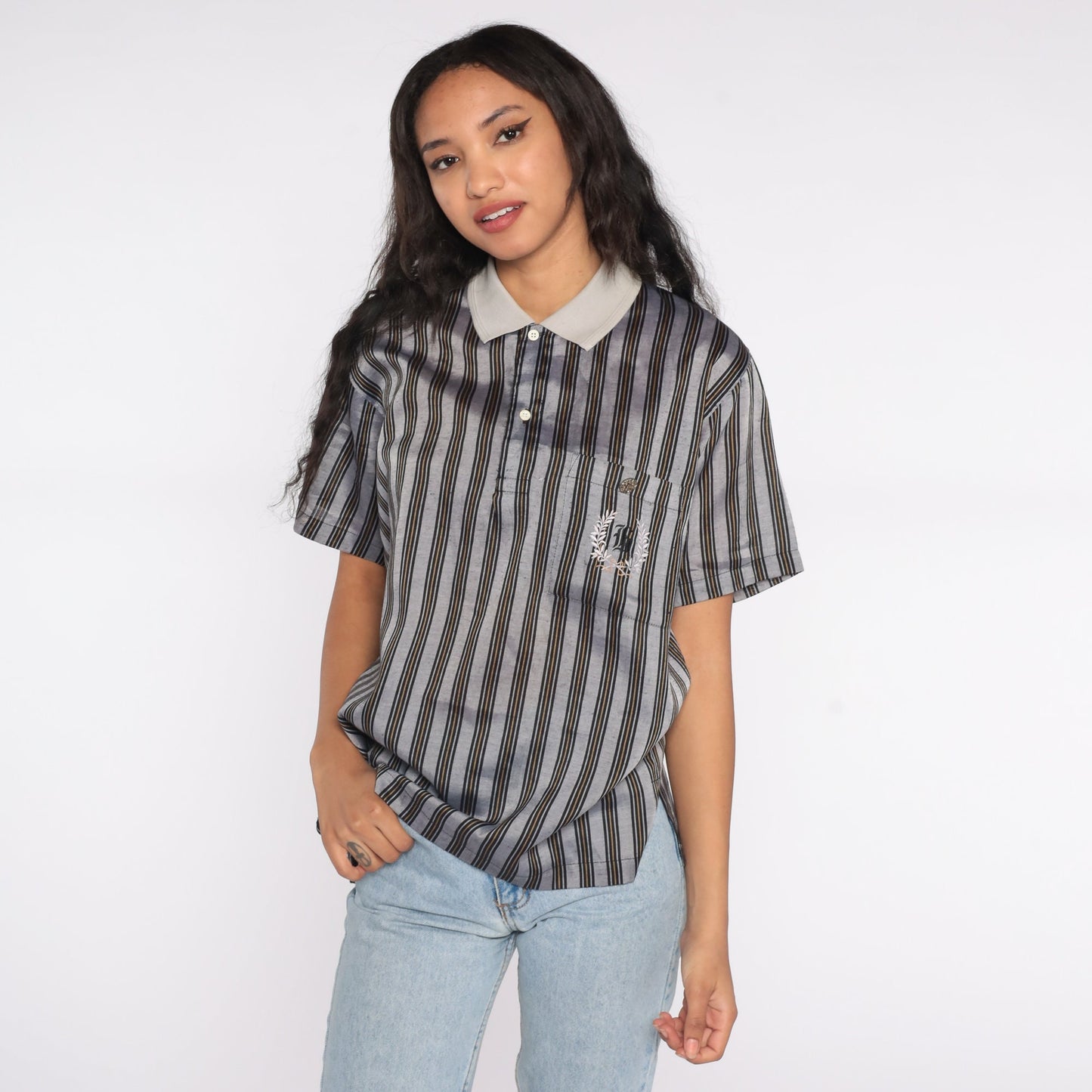 90s Striped Polo Shirt Embroidered G Crest Grey Black Gold Large