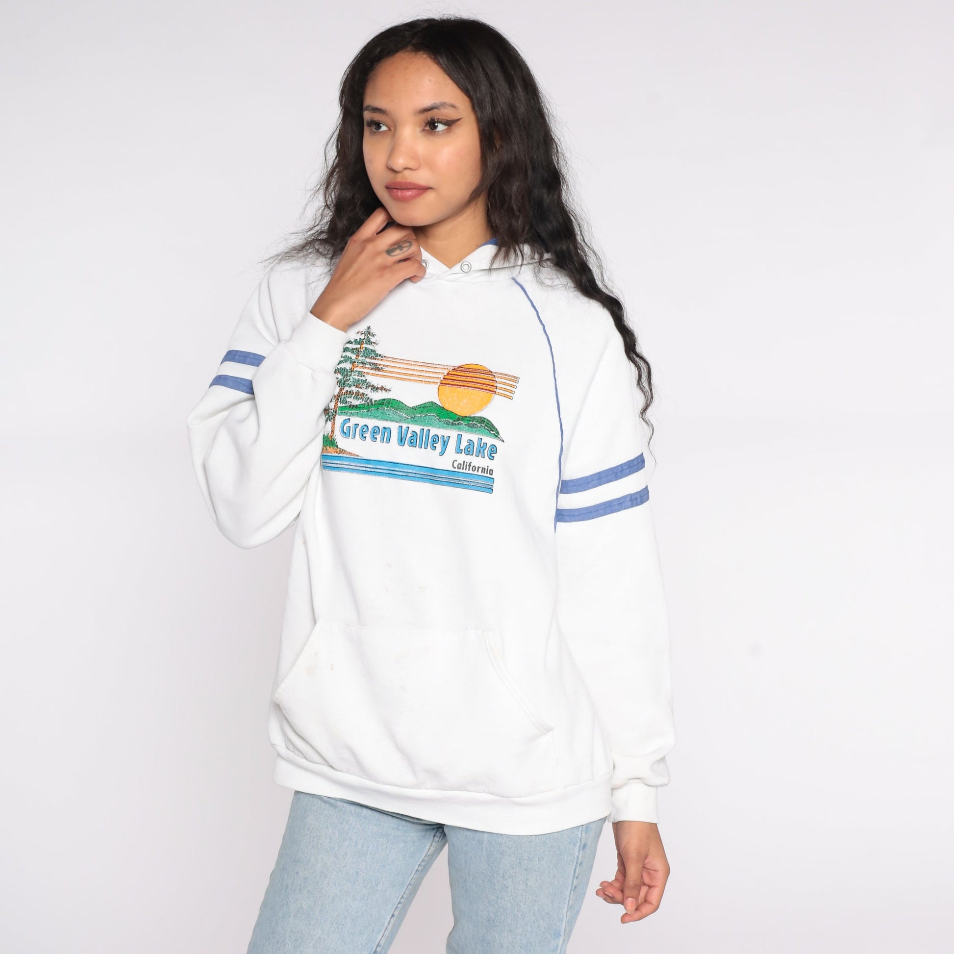 80s Green Valley Lake California Hoodie Sweatshirt Sunset Nature Print Large