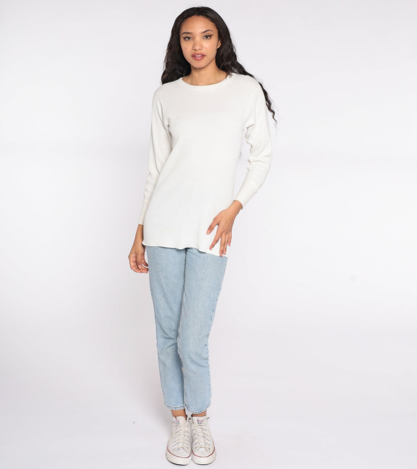 80s White Waffle Knit Thermal Long Sleeve Undershirt Medium