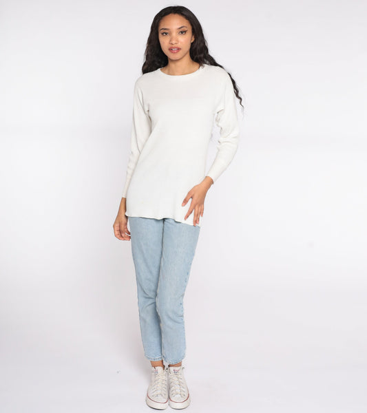 80s White Waffle Knit Thermal Long Sleeve Undershirt Medium