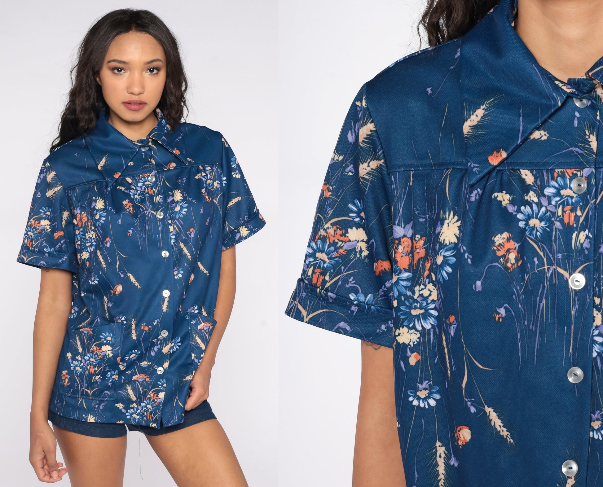70s Navy Floral Button-Up Blouse Dagger Collar Short Sleeve Large L