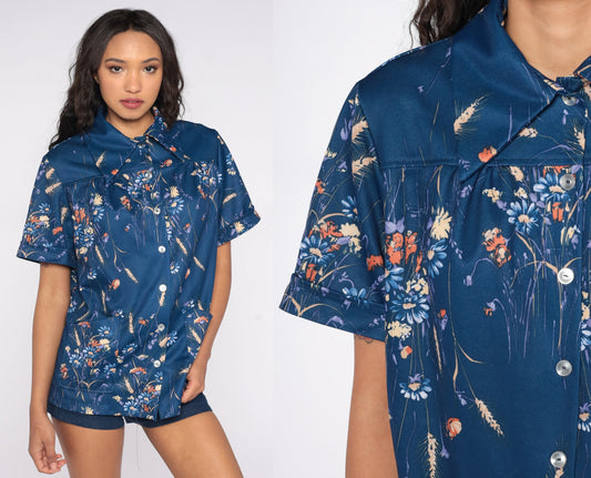 70s Navy Floral Button-Up Blouse Dagger Collar Short Sleeve Large L