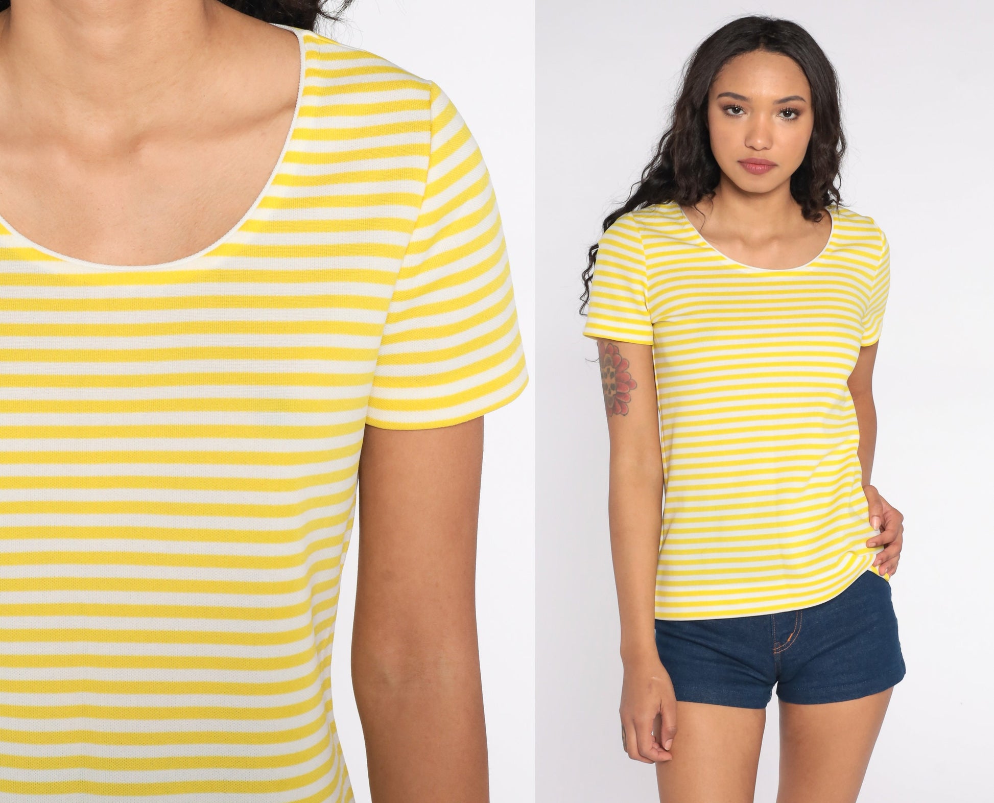 70s Yellow White Striped Scoop Neck T-Shirt Short Sleeve Vintage Tee Small