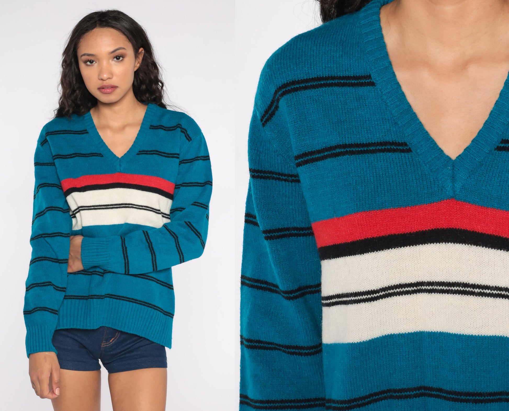 80s Le Tigre Striped V-Neck Sweater Turquoise Red White Black Medium M