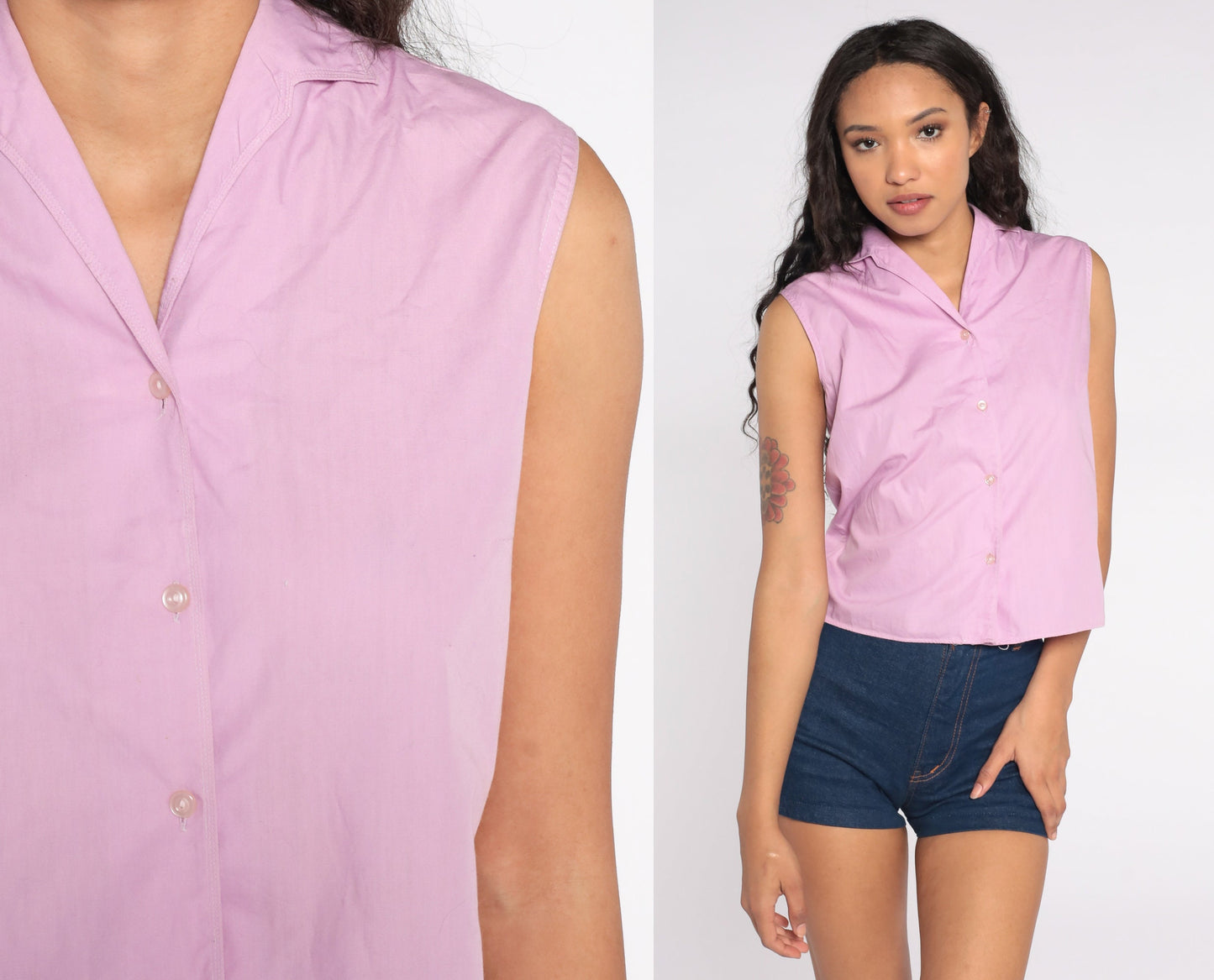 80s Lavender Cotton Button-Up Tank Top Sleeveless Blouse Small