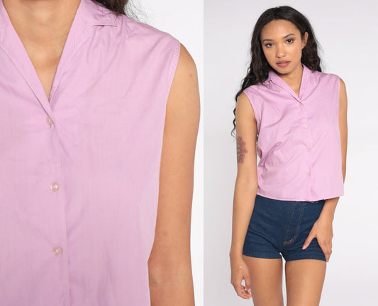 80s Lavender Cotton Button-Up Tank Top Sleeveless Blouse Small