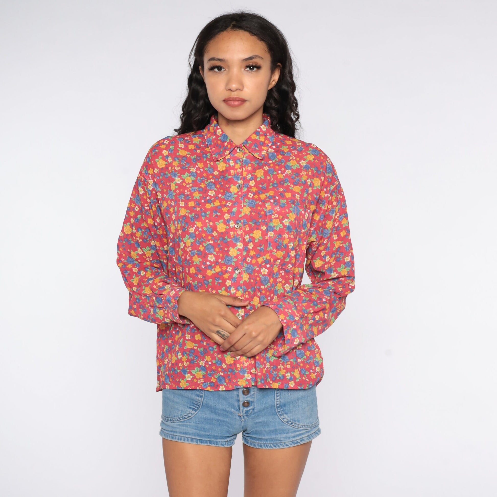80s Pink Floral Button-Up Blouse Long Sleeve Vintage Shirt Extra Large XL