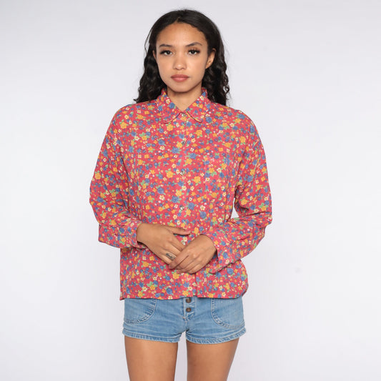80s Pink Floral Button-Up Blouse Long Sleeve Vintage Shirt Extra Large XL