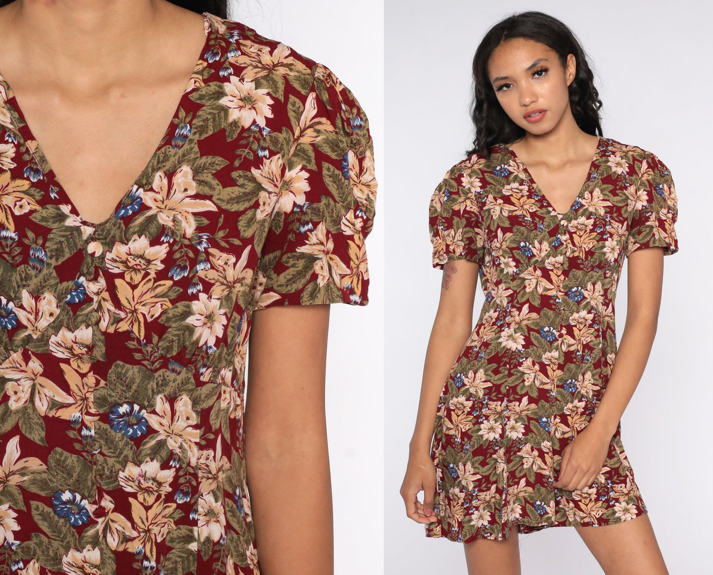 90s Burgundy Floral Romper Wide Leg Empire Waist Playsuit Small