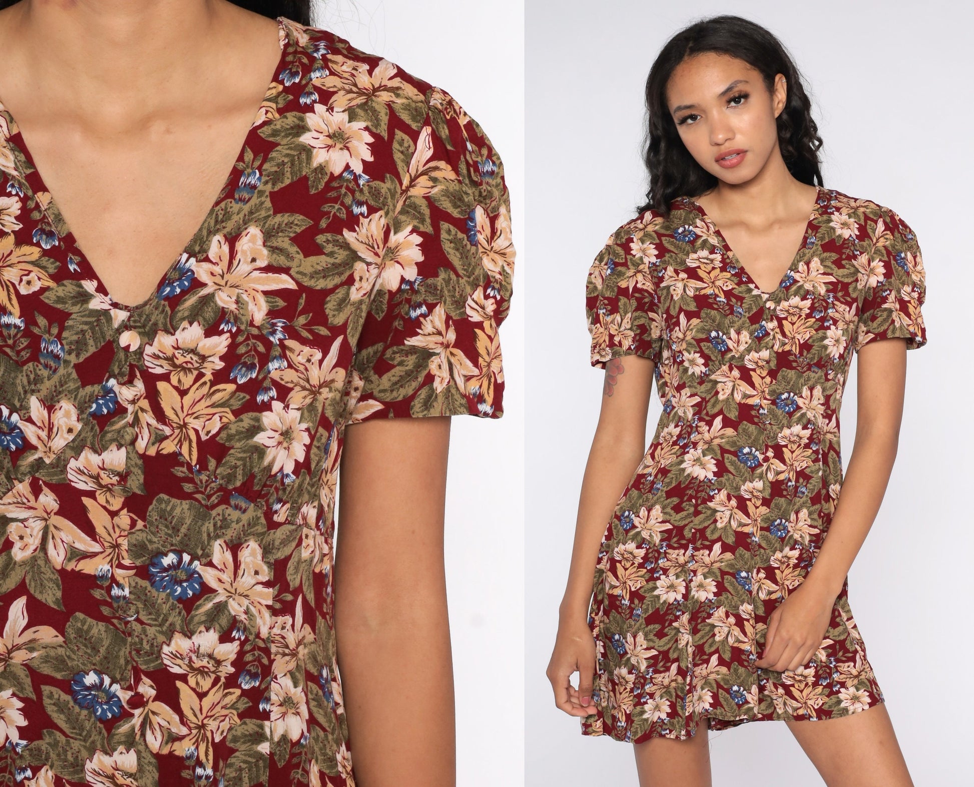 90s Burgundy Floral Romper Wide Leg Empire Waist Playsuit Small
